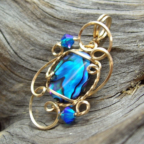 Stunning Blue Paua Shell Gold Filled Wire Wrapped Mini Pendant