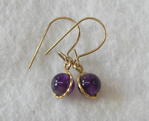 6mm Amethyst Beads Wirewrapped Drop Earrings - February Birthstone