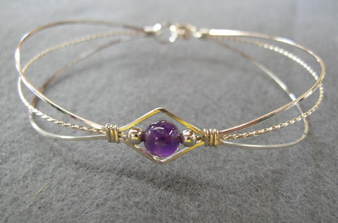 1-Bead Amethyst Bead Sterling Silver Wire Wrapped Bracelet