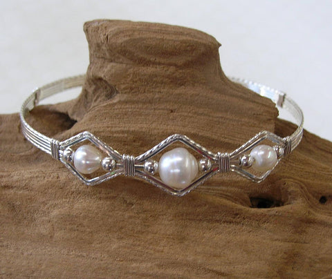 3-Bead Point Freshwater Pearls Sterling Silver Wire Wrapped Bracelet
