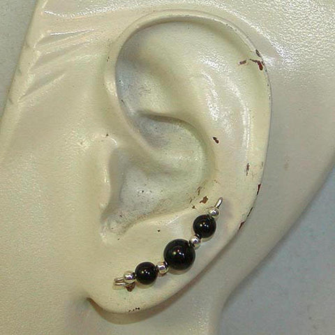 Shiny Black Onyx Beads Sterling Silver Wire Ear Sweeps - Ear Sweep 16