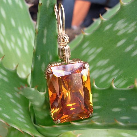 Amber Yellow Cubic Zirconia Gold Filled Wire Wrapped Pendant