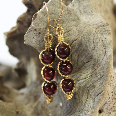 Dark Red Garnet Beads Outline Dangle Earrings - January Birthstone