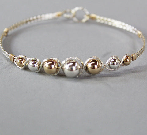 Graduated Two Tone Sterling Silver & Gold Filled Beads Wire Wrapped Bracelet