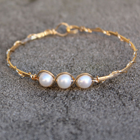 3-Bead Outline Freshwater Pearls Gold Filled Wire Wrapped Bracelet