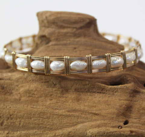All-Bead Bar Style Freeform Freshwater Pearls Wire Wrapped Bracelet