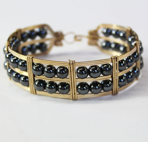 Double Row Hematite Beads Gold Filled Wire Wrapped Bracelet