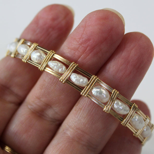 All-Bead Bar Style Freeform Freshwater Pearls Wire Wrapped Bracelet