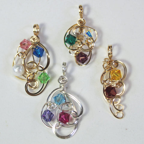 Mother's Pendant with Birthstone Color Crystals Freeform Wire Wrapped Pendant