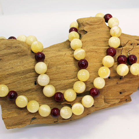 Yellow Calcite and Ruby Red Quartzite Beaded Necklace and Earrings Set