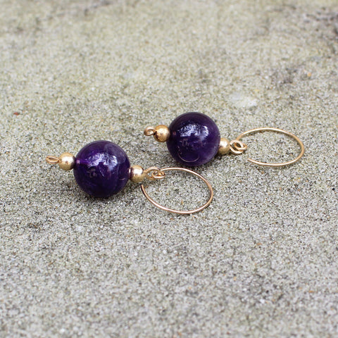 Large Amethyst Beads Sterling Dangle Earrings - February Birthstone