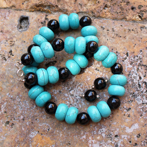 Turquoise & Black Porcelain Beads Necklace and Earrings Set