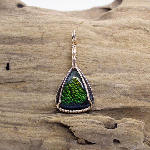 Green & Blue Ammolite Gold Filled Wire Wrapped Pendant