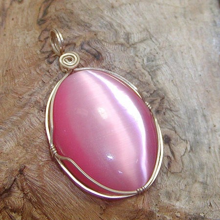 Pink Fiber Optics Cat's Eye 14kt Gold Filled Wire Wrapped Pendant