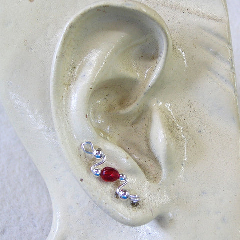 Faceted Red Beads Sterling Silver Wire Small Ear Climbers - Ear Sweep 9