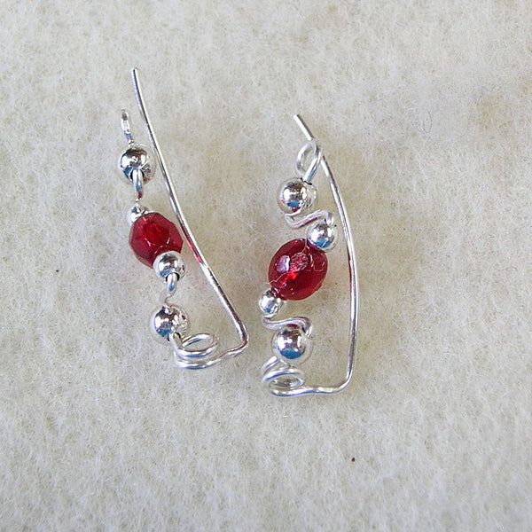 Faceted Red Beads Sterling Silver Wire Small Ear Climbers - Ear Sweep 9