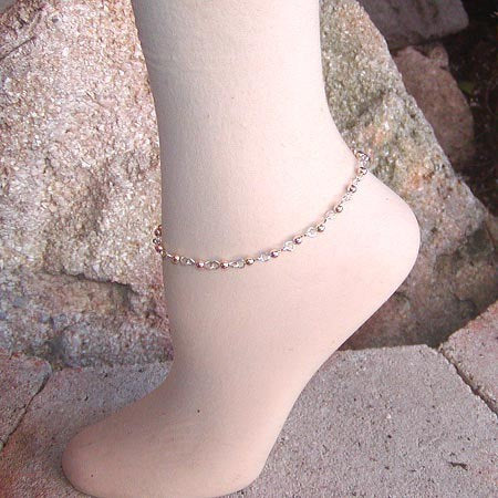 Two-Tone Gold Bead Silver Wire Link Ankle Bracelet