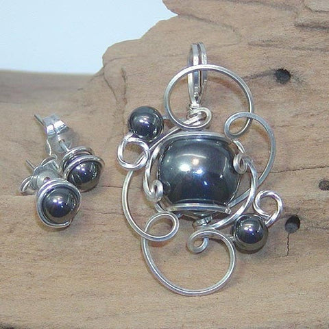 Hematite Pendant And Post Earrings Sterling Silver Wire Wrapped Set