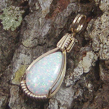 Rainbow Opal Teardrop Gold Filled Wire Wrapped Pendant - October Birthstone