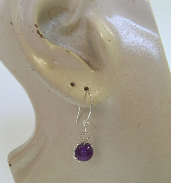 6mm Amethyst Beads Wirewrapped Drop Earrings - February Birthstone