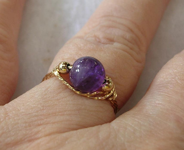 Amethyst Bead Gold Filled Twist Wire Ring - February Birthstone - Size 8