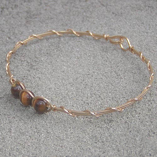 3-Bead Outline Tiger Eye Beads Gold Filled Wire Wrapped Bracelet