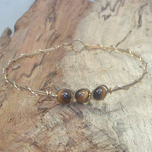 3-Bead Outline Tiger Eye Beads Gold Filled Wire Wrapped Bracelet
