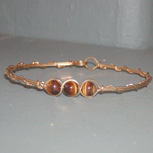 3-Bead Outline Tiger Eye Beads Gold Filled Wire Wrapped Bracelet