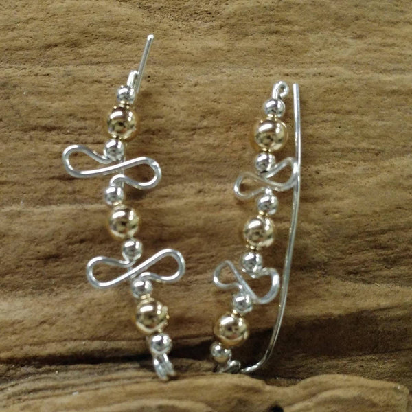 Two-Tone Silver and Gold Beads Wiggle Design Ear Climbers - Ear Sweep 20
