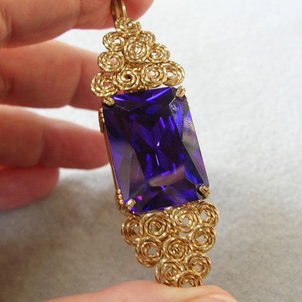 Dark Purple Cubic Zirconia Gold Filled Wire Wrapped Pendant