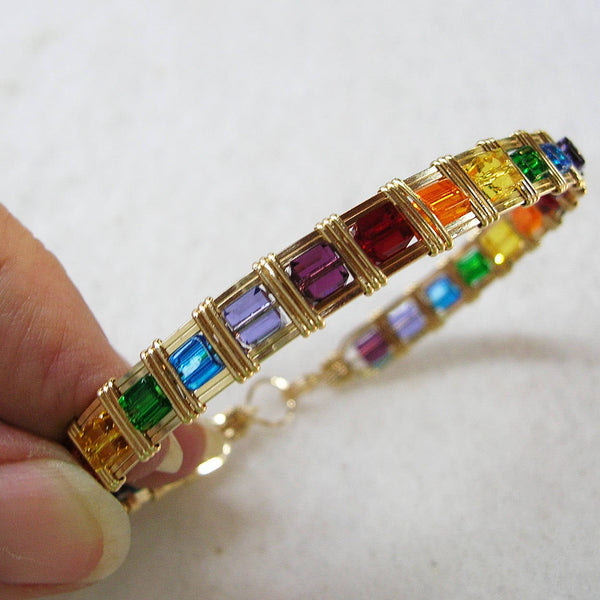 Rainbow Cube Beaded Gold Filled Wire Wrapped Bracelet