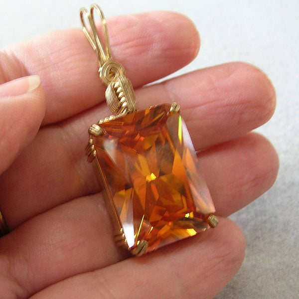 ON SALE Amber Yellow Cubic Zirconia Gold Filled Wire Wrapped Pendant