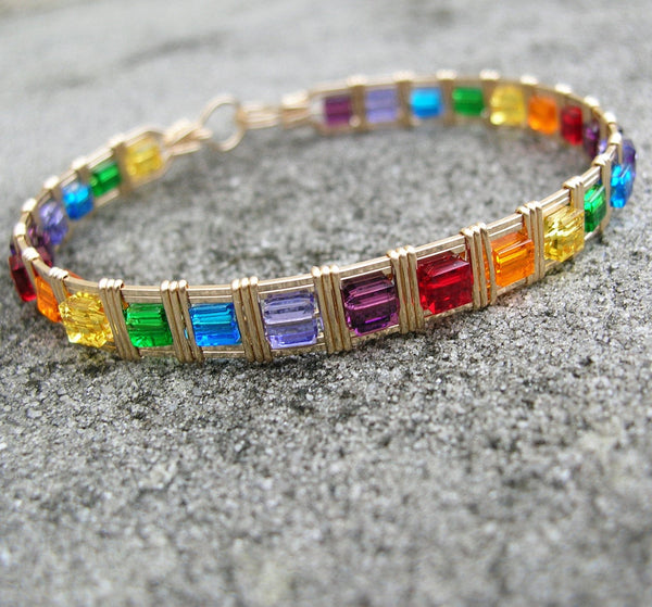 Rainbow Cube Beaded Gold Filled Wire Wrapped Bracelet