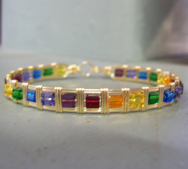 Rainbow Cube Beaded Gold Filled Wire Wrapped Bracelet