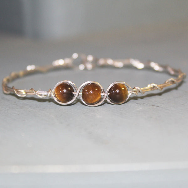 3-Bead Outline Brown Tiger Eye Beads Sterling Silver Wire Wrapped Bracelet