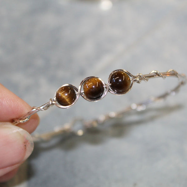 3-Bead Outline Brown Tiger Eye Beads Sterling Silver Wire Wrapped Bracelet