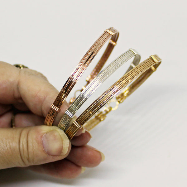 Rose Gold, Yellow Gold & Sterling Silver Wire Wrapped Stackable 3 Bracelets Set - STSSTS