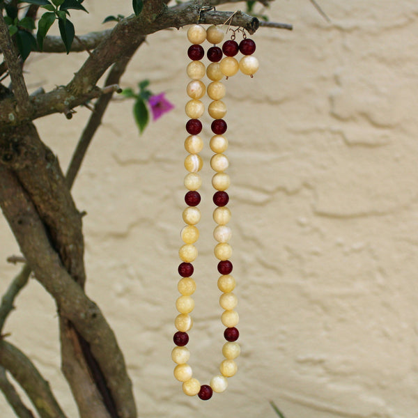 Yellow Calcite and Ruby Red Quartzite Beaded Necklace and Earrings Set