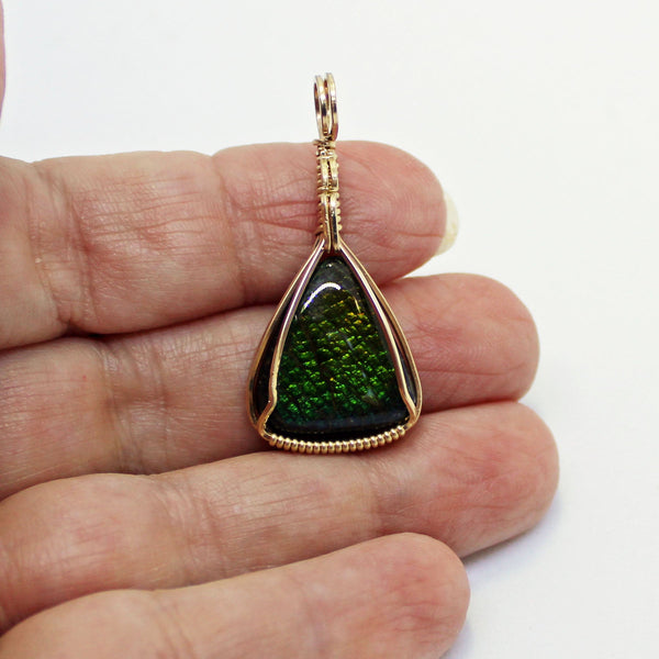 Green & Blue Ammolite Gold Filled Wire Wrapped Pendant