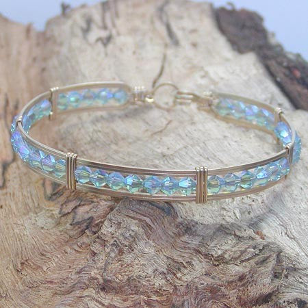 Aqua Blue Double Aurora Borealis Crystal Beaded Gold Filled Wire Wrapped Bracelet