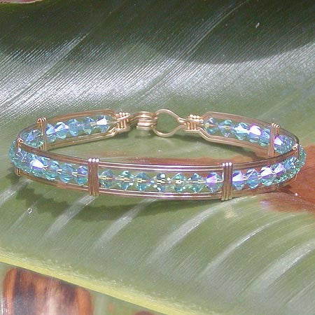 Aqua Blue Double Aurora Borealis Crystal Beaded Gold Filled Wire Wrapped Bracelet
