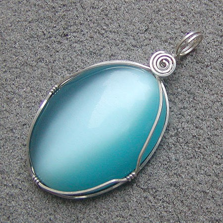 Big Aqua Blue Fiber Optics Cat's Eye Sterling Silver Wire Wrapped Pendant