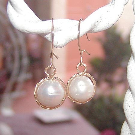 Simple 8mm Freshwater Pearl Wirewrapped Drop Earrings - June Birthstone