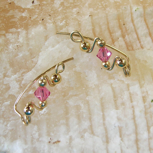Twinkling Pink Swarovski Crystal Gold Filled Wire Ear Sweeps