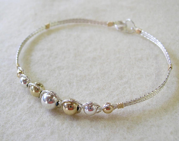 Graduated Two Tone Sterling Silver & Gold Filled Beads Wire Wrapped Bracelet
