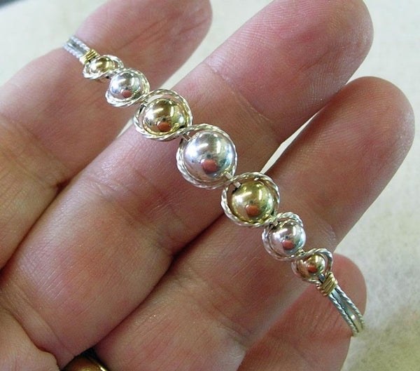 Graduated Two Tone Sterling Silver & Gold Filled Beads Wire Wrapped Bracelet