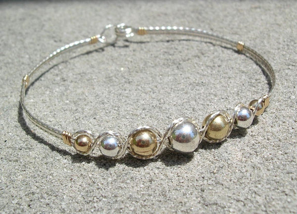 Graduated Two Tone Sterling Silver & Gold Filled Beads Wire Wrapped Bracelet
